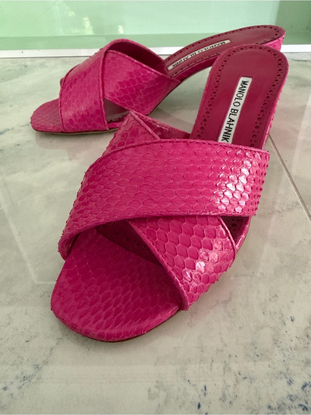 Manolo Blahnik Pink Snake-Skin Slide Sandals